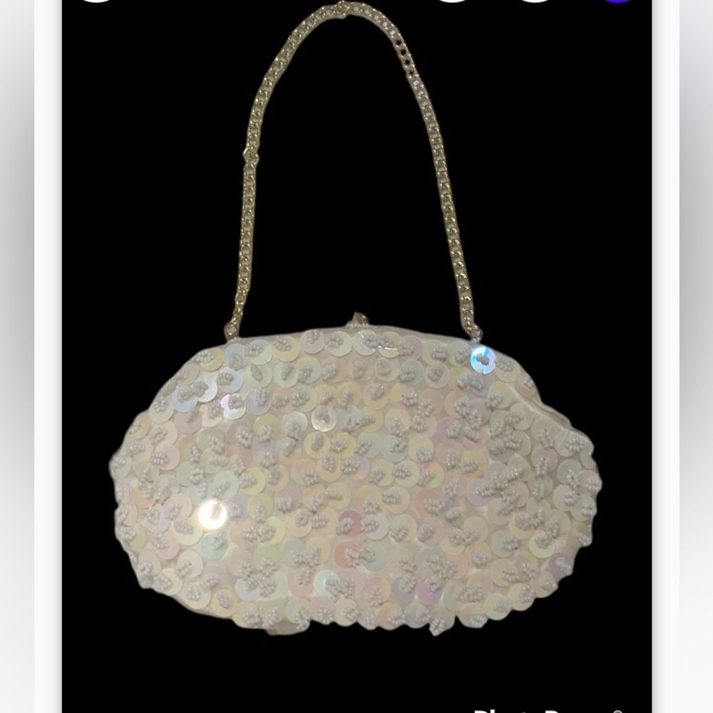 Vintage WHITE Richere by Walborg Beaded Sequined Clutch Evening Bag Hong Kong